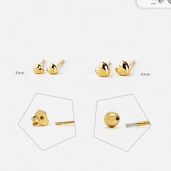 Tiny Heart Studs Earrings, Gold, Silver SHEMISLI SS025 SS026 Butterfly End, SS641 SS642 Screw Ball End (Type A)