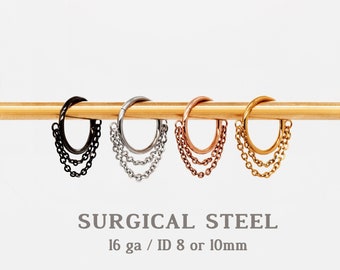 Double Chain Septum Ring, Nose Ring, Hinged Clicker Hoop, 16ga 8mm or 10mm, Surgical Steel, SHEMISLI SH241, SH242
