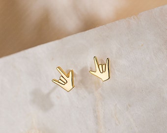 Tiny I Love You Hand Sign Gesture Stud Earrings, Gold, Silver SHEMISLI SS675 Butterfly End, SS676 Screw Ball End (Type A) LR