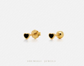 Super Tiny Black Enamel Heart Stud, Gold Silver SHEMISLI SS433 Butterfly End, SS434 Screw Ball End (Type A)