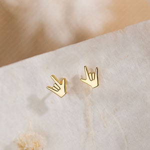 Tiny I Love You Hand Sign Gesture Stud Earrings, Gold, Silver SHEMISLI SS675 Butterfly End, SS676 Screw Ball End (Type A) LR