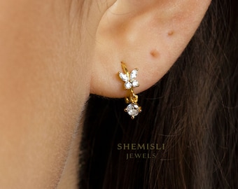 Butterfly CZ Drop Hoop Earrings, Huggies, Gold, Silver SHEMISLI SH187