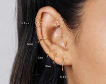 Anneaux fins pour oreilles, piercings nez, sans charnière, calibre 20, calibre 4, 5, 6, 7, 8, 9, 10, 12 mm, or 14 carats, argent, SHEMISLI - SH284-292