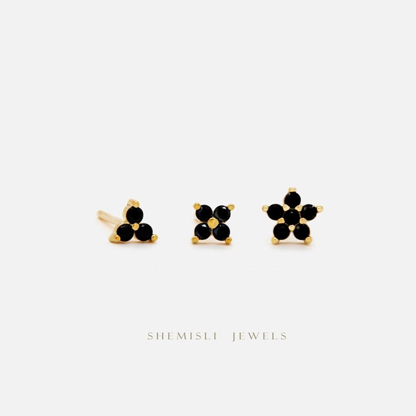 Tiny Black Stone Flower Studs, Gold Silver SHEMISLI - SS245, SS247, SS325
