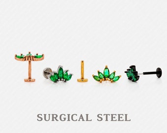 Tiny 5 Leaf Emerald Stone Crown Threadless Flat Back Earrings, 20,18,16ga, 5-10mm, Surgical Steel SHEMISLI SS560