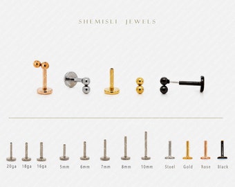 Tiny 2 beads Threadless Flat Back Earrings, Nose Stud, 20,18,16ga, 5-10mm Surgical Steel SHEMISLI SS592