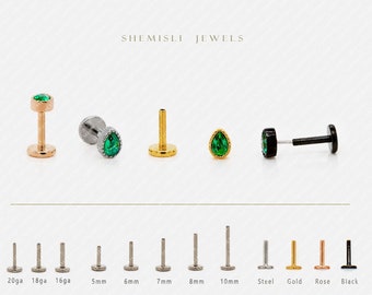 Tiny Teardrop Emerald Threadless Flat Back Earrings, Nose Stud, 20,18,16ga, 5-10mm Surgical Steel SHEMISLI SS595