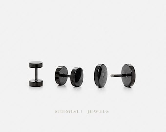 Black Round Stud Earrings For Women or Men, Dumbbell Earring Piercing, Fake Plugs, Surgical Steel, SHEMISLI product - SS348, SS349, SS350