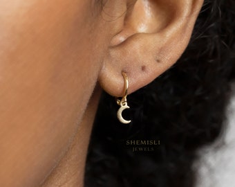 Tiny Moon Drop Hoop Earrings, Huggies, Gold, Silver SHEMISLI SH643