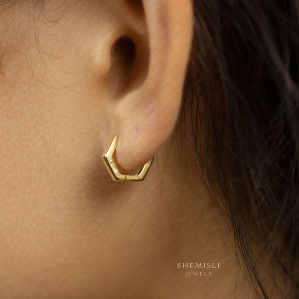 Thick Hexagon Small Hoop Earrings, Gold, Silver SHEMISLI SH213