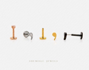 Tiny Comma Threadless Flat Back Earrings, Nose Stud, 20,18,16ga, 5-10mm Surgical Steel SHEMISLI SS718