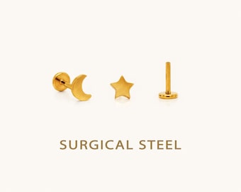 Tiny Star and Moon Threadless Flat Back Earrings, Nose Stud, 20,18,16ga, 5-10mm, Surgical Steel, SHEMISLI SS567, SS568