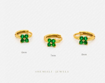 4 Leaf Clover Emerald CZ Helix Hoops, 6mm, 7mm, 8mm Gold, Silver SHEMISLI - SH198, SH503, SH504