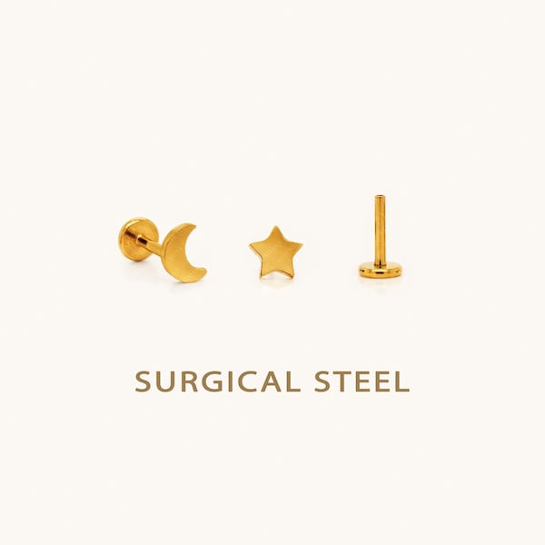 Tiny Star and Moon Threadless Flat Back Earrings, Nose Stud, 20,18,16ga, 5-10mm, Surgical Steel, SHEMISLI SS567, SS568