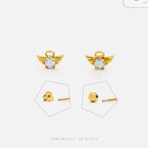 Tiny Angel Wing Halo With AB Stone Stud Earrings, Gold, Silver SS841 Butterfly End, SS842 Screw Ball End (Type A)