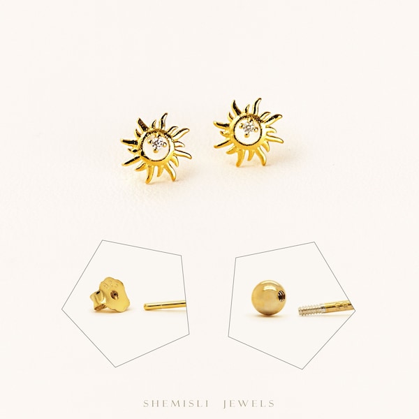 Tiny CZ Sun Studs Earrings, Starburst Studs, Gold, Silver SHEMISLI SS031 Butterfly End, SS795 Screw Ball End (Type A)
