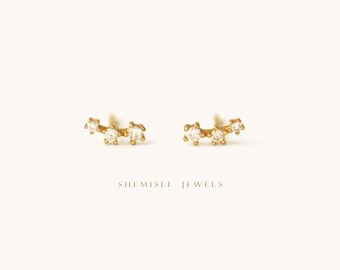 Tiny Triple White Stones Climber Stud Earrings, Gold Silver SHEMISLI SS125 Butterfly End, SS489 Screw Ball End (Type A) LR