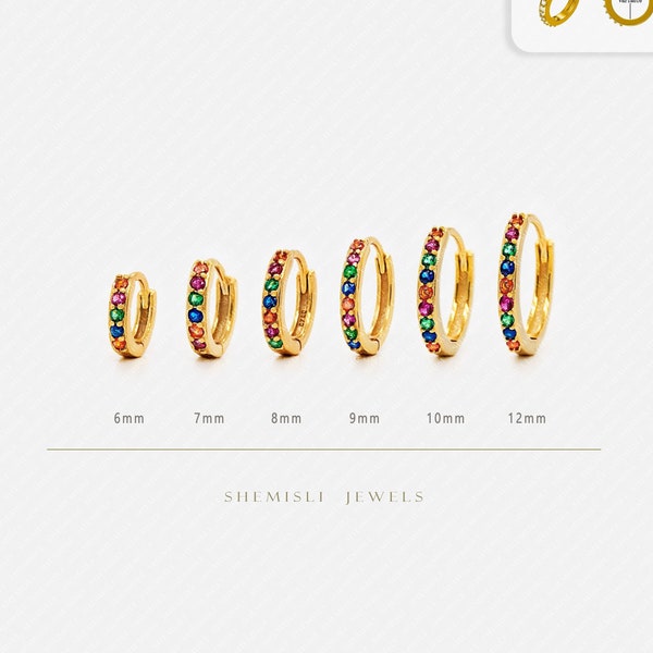 Multicolored Stone Hoop Earrings, Rainbow Huggies, 6, 7, 8, 9, 10, 12mm Gold, Silver SHEMISLI SH132, SH133, SH134, SH135, SH136, SH138