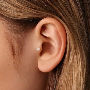 Tiny 3mm Opal Ball Threadless Flat Back Tragus Stud Earrings, 18,16ga, 5-8mm Surgical Steel SHEMISLI SS587