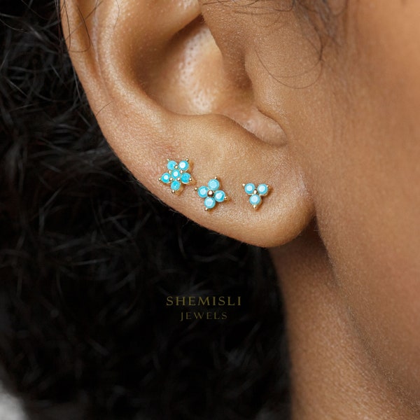 Tiny Turquoise Stone Flower Studs, Gold Silver SHEMISLI - SS152, SS080, SS323