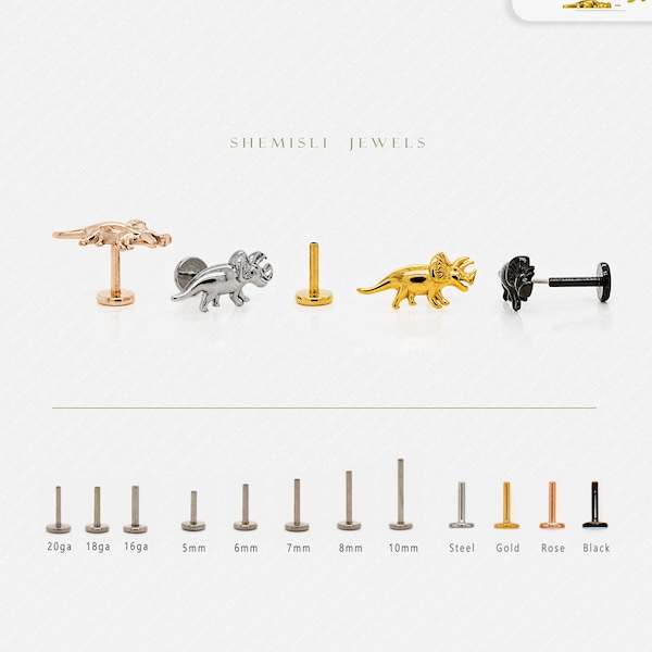 Dainty Triceratops Dinosaur Threadless Flat Back Earrings, Nose Stud, 20,18,16ga, 5-10mm Surgical Steel SHEMISLI SS578