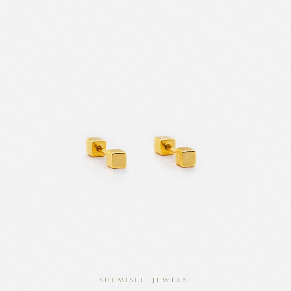 Tiny Cube Studs Earrings, Gold, Silver, With Screw Cube End Back SHEMISLI - SS661