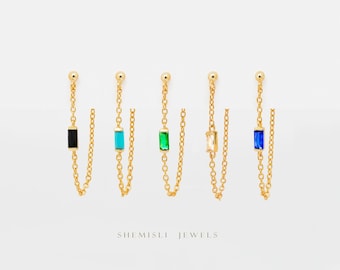 Dainty Baguette Chain Studs, White Stone, Emerald, Turquoise, Sapphire, Black Stone, Gold Silver SHEMISLI SS332, SS302, SS303, SS304, SS305