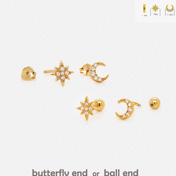 Moon and Star Earrings, Mismatched Celestial Studs, Mini Starburst SHEMISLI SS035+SS036 Butterfly End, SS351+SS352 Screw Ball End (Type A)