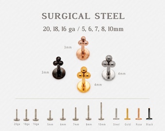 Tiny 3 beads Threadless Flat Back Earrings, Nose Stud, 20,18,16ga, 5-10mm, Surgical Steel, SHEMISLI SS537, SS538