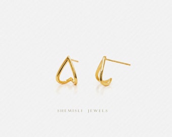 Upside Down Heart Studs, Split Lobe cuff Earrings, Gold, Silver SHEMISLI - SS213