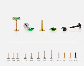 Tiny Emerald Marquise Threadless Flat Back Earrings, Nose Stud, 20,18,16ga, 5-10mm, Surgical Steel, SHEMISLI SS582