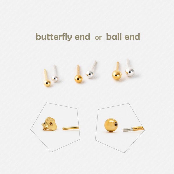 Shiny Ball Studs Earrings, 2, 2.5, 3mm Gold, Silver SHEMISLI SS201, SS001, SS002 Butterfly End, SS845, SS846, SS847 Screw Ball End (Type A)