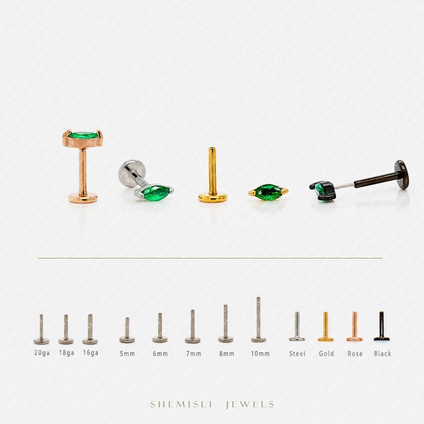 Tiny Emerald Marquise Threadless Flat Back Earrings, Nose Stud, 20,18,16ga, 5-10mm, Surgical Steel, SHEMISLI SS582