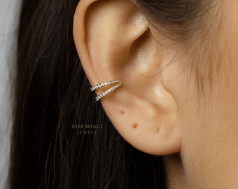 Double Lined CZ Ear Conch Cuff, Earring No Piercing is Needed, Gold, Silver SHEMISLI - SF024