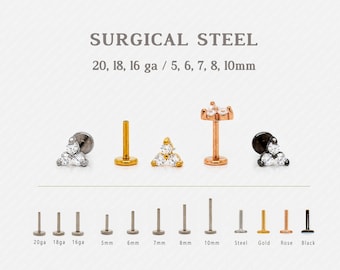 Tiny 3-Petal White Flower Threadless Flat Back Earrings, Nose Stud, 20,18,16ga, 5-10mm, Surgical Steel, SHEMISLI SS544