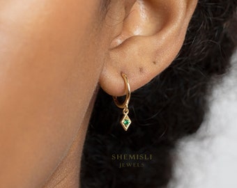 CZ Drop Dangle Hoop Earrings, White Stone, Emerald, Turquoise, Gold, Silver SHEMISLI SH069, SH168, SH070, SH272, SH273