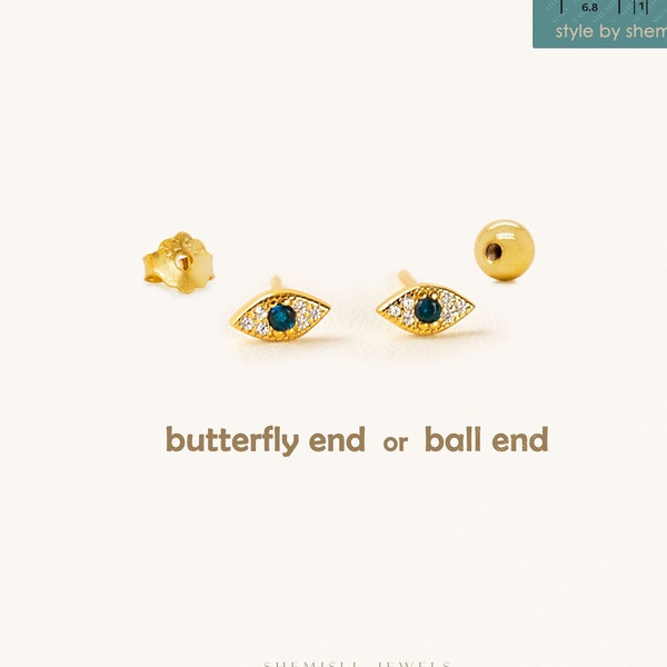 Evil Eye CZ Studs Earrings, Protection Studs, Gold, Silver SHEMISLI SS048 Butterfly End, SS972 Screw Ball End (Type A)