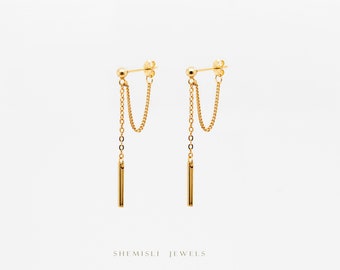 Bar Dangle Chain Studs Earrings, Gold, Silver SHEMISLI SS199