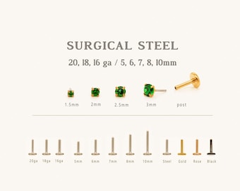 Tiny Emerald Threadless Flat Back Earrings, Nose Stud, May Birthstone, 20,18,16ga, 5-10mm, Surgical Steel, SHEMISLI SS507 SS508 SS509 SS510