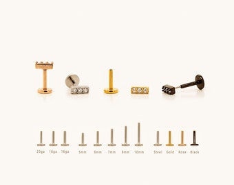 Tiny CZ Bar Threadless Flat Back Earrings, Nose Stud, 20,18,16ga, 5-10mm Surgical Steel SHEMISLI SS590