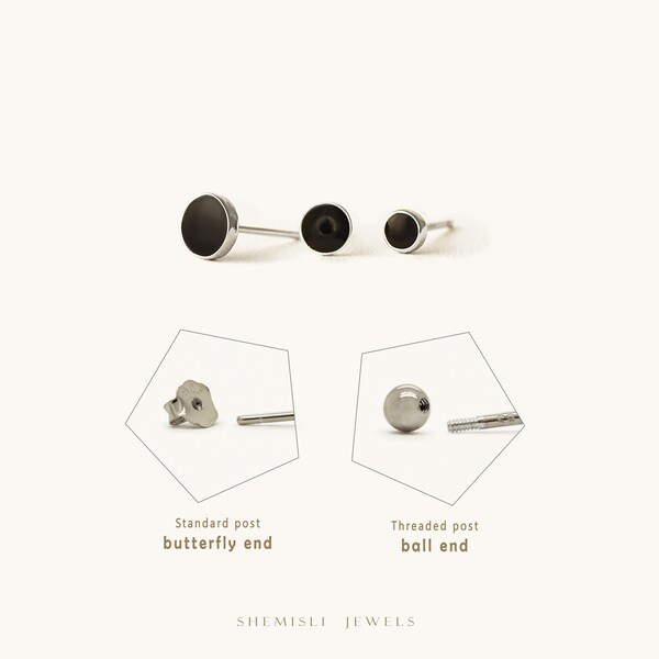 Small Round Black Enamel Studs, SHEMISLI - SS103, SS104, SS105 Butterfly End, SS797, SS798, SS799 Screw Ball End (Type A)