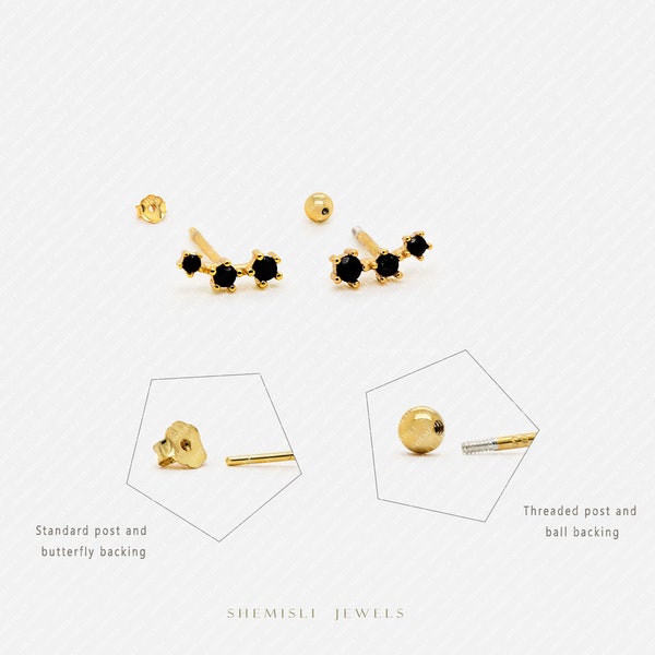 Tiny Triple Black Stones Climber Stud Earrings, Gold Silver SHEMISLI SS250 Butterfly End, SS492 Screw Ball End (Type A) LR