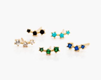 Tiny Triple Stones Climber Stud Earring, White Emerald Turquoise Sapphire Black, Unisex, Gold, Silver SS125, SS126, SS248, SS249, SS250 LR