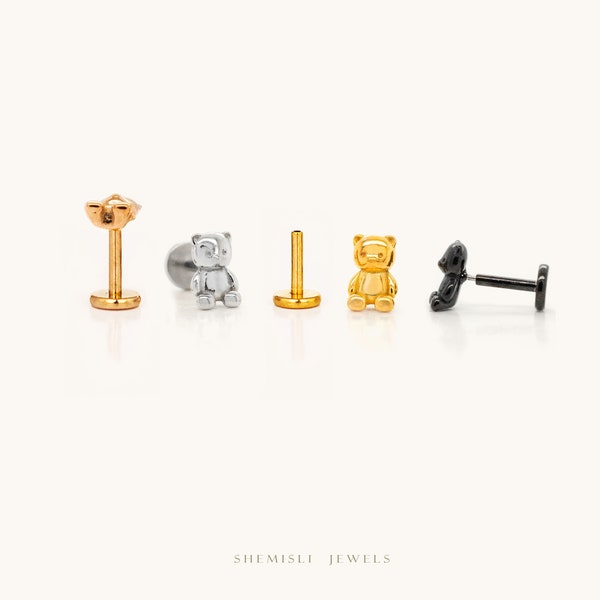 Tiny Teddy Bear Threadless Flat Back Earrings, Nose Stud, 20,18,16ga, 5-10mm Surgical Steel SHEMISLI SS978