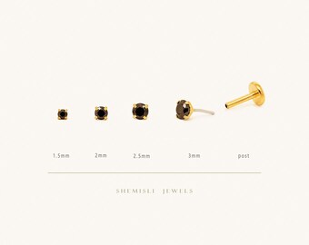 Tiny Black Stone Threadless Flat Back Earrings, Nose Stud, 20,18,16ga, 5-10mm, Surgical Steel, SHEMISLI SS519 SS520 SS521 SS522