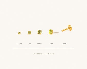 Tiny Peridot Stone Threadless Flat Back Earrings, Nose Stud, August Birthstone, 20,18,16ga, 5-10mm Surgical Steel SS617 SS618 SS619 SS620