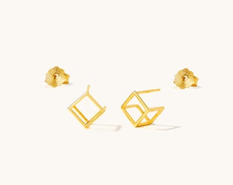 3D Cube Studs Earrings, Gold, Silver SHEMISLI - SS967