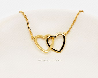 Interlocking Two Hearts Necklace, Silver or Gold Plated  (16"+2") SHEMISLI - SN011