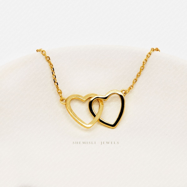 Interlocking Two Hearts Necklace, Silver or Gold Plated  (16"+2") SHEMISLI - SN011