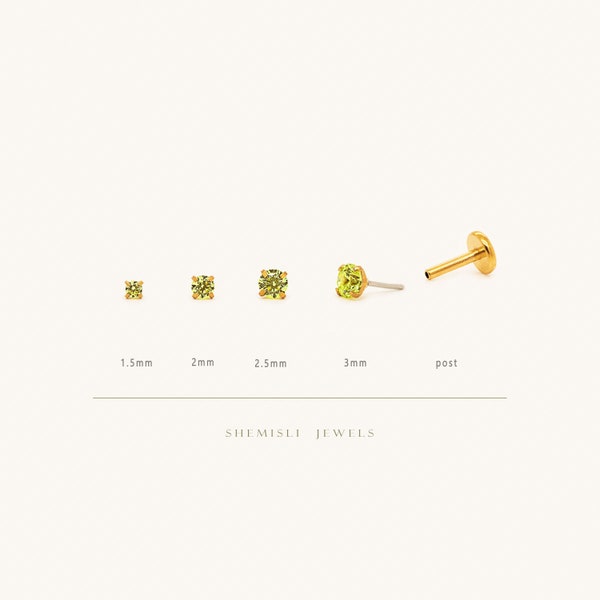 Tiny Peridot Stone Threadless Flat Back Earrings, Nose Stud, August Birthstone, 20,18,16ga, 5-10mm Surgical Steel SS617 SS618 SS619 SS620